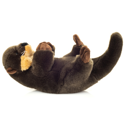 Teddy Hermann Otter 32cm Plush Soft Toy with a dark-brown fur body, chocolate-brown paws and ears, long tail, dark-cream neck and chin, glossy brown safety eyes and white whiskers. It does not sit up.