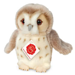 Teddy Hermann Beige Owl soft toy 20cm. Featuring cream fur with beige markings, a silver beak, wide eyes, little claws and a fluffy beige brown back and wings.
