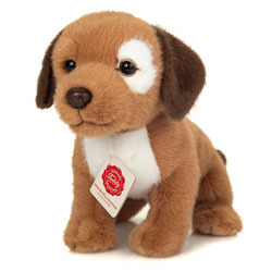 Teddy Hermann Milow Puppy 25cm plush soft toy coming in super soft mid-brown fur with dark-brown ears and tail, a white tummy and matching eye patch.