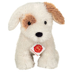 Teddy Hermann Puppy Rollo 20cm plush soft toy coming in an off-white, super-soft fur body with brown patches.