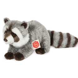 Teddy Hermann Raccoon soft toy in a 29 cm size. Coming with fluffy, mottled, super soft fur, a thick striped bushy tail and totally realistic raccoon features.