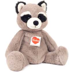 Teddy Hermann Waldo Raccoon soft toy in a 32 cm size. Coming in a super soft pebble grey fur body, cream muzzle with a thick striped bushy tail, and realistic raccoon features.