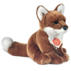 Teddy Hermann Reddish Brown Sitting Fox 20cm. Featuring deep ginger-red fluffy fur, a thick bushy tail, white inner ears and matching front bib.
