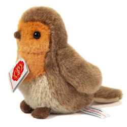 Teddy Hermann Robin soft toy in a 15 cm size. Coming in a soft chocolate brown fur body with a red breast, speckled creamy tummy and dark brown feet and delicate matching beak.