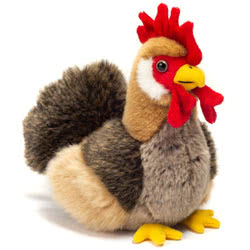 Teddy Hermann Rooster soft toy 17cm. Coming with brown patched fur, bright red comb and wattle, yellow beak and feet.