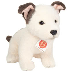 Teddy Hermann Jack Russell Puppy  soft toy in a 25 cm size. Coming in a soft cream fur body complete with brown patch, tail and half-cocked, pink lined ears.