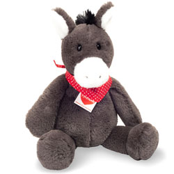 Teddy Hermann Sancho Donkey 32cm plush soft toy featuring a soft dark-grey fur body, white muzzle & inner ears finished with a red polka dot neckerchief.