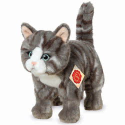 Teddy Hermann standing Grey Tabby Cat soft toy 20cm featuring grey and white tabby fur, an upright tail, cute alert ears and big blue eyes.