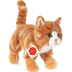 Introducing Teddy Hermanns standing Ginger Tabby Cat soft toy in a 20 cm size. Coming in a light beige, ruffled fur body with. This life-like ginger tom tabby cat comes in a rich ginger and white stripy fur body with a white tummy, upright tail and alert