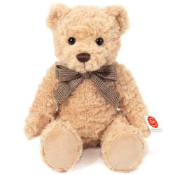 Teddy Hermann Growling Voice Teddy Bear 32cm soft toy. Coming with a growling voicebox, golden ruffled fur, suede paws, brown checkered bow and button nose.