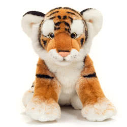 Teddy Hermann sitting Tiger soft toy in a 32 cm size. This cute cub comes with rich burnt orange and black stripy fur, a white under-body, eyebrows and inner ears, a delicate pink nose and round ears.