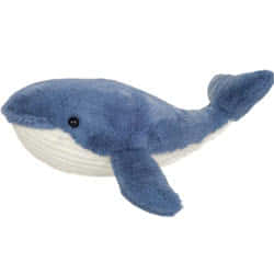 Teddy Hermann Waltraud Whale soft toy in a 44 cm size. Coming in a soft blue-grey fur body with the classic whale tail, pectoral fins and the white grooved tummy.