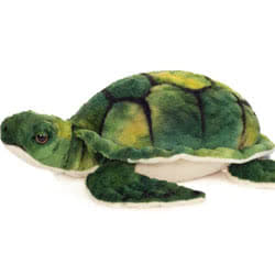 Teddy Hermann Water Turtle soft toy in a 23 cm size. Coming in multiple shades of green with the classic turtle shell markings and a cream under body. Filled with 100% recycled polyester.