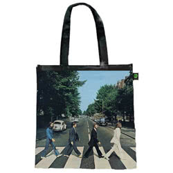 The Beatles Abbey Road Shopper. Made from recycled plastic bottles, this foldaway shopper comes in a printed clip-on pouch. The pouch is circular, has a drawstring to secure it and has The Beatles logo in the centre. The shopper itself comes with the ic