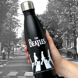 The Beatles Abbey Road Thermal Stainless Steel Drinks Bottle. A stylish matt-black drinks bottle with a white screen print of the iconic Beatles Abbey Road cover. The bottles are made with high-grade stainless steel and double-walled vacuum technology, th