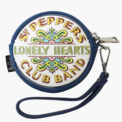 The Beatles Sgt Pepper Purse. Featuring the iconic 'Sgt. Peppers Lonely Hearts Club Band' print, on both sides. This leatherette purse has a multi-compartment interior and detachable wrist strap. There is a woven tab with The Beatles logo which 