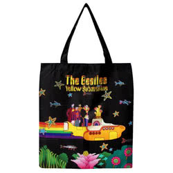 The Beatles Yellow Submarine Recycled Shopper. Made from recycled plastic bottles, this foldaway shopper comes in a printed clip on pouch. The pouch  has a drawstring to secure it and has The Beatles Yellow Submarine logo. The shopper itself comes with 
