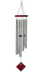 Woodstock Chimes of Earth Silver Musical Wind 
Chime. It comes with six silver tubes, has a red hard wood 
top and matching wind catcher, their pentatonic scale is 
always in harmony so the sound remains perfect over time, 
it is strung with UV-resist