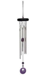 Woodstock Amethyst Chakra Wind Chime..It 
comes with six silver tubes and has a black ash wood top. 
These chimes 
are tuned to create the purest, most beautiful musical 
intervals. They are 
strung with UV-resistant nylon line. The windcatcher is an