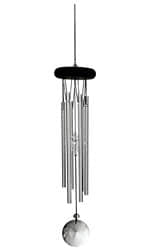Woodstock Crystal Meditation Wind Chime. This musical wind chime  
comes with six silver tubes, has an Ash wood top and strung 
with UV-resistant nylon line and therefore perfect for in or 
outdoor placement.