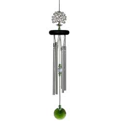 Woodstock Crystal Tree of Life Wind Chime..This crystal musical chime provides soothing sounds of tranquillity..Featuring a black finish ash wood, six silver polished aluminium solid rods, and a beautiful metal tree of life positioned at the top of the ch