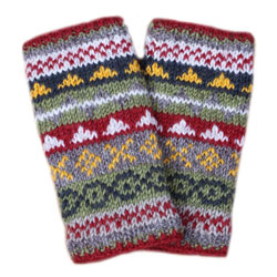 Pachamama Knitwear Rust Finisterre Handwarmer fingerless gloves, featuring a multi-coloured fairisle pattern, handknitted, 100% wool, fleece lined.