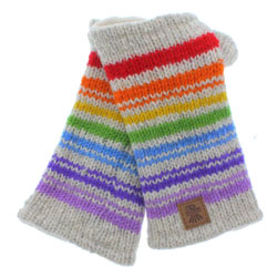 Pachamama Hexham Handwarmer fingerless gloves, featuring rainbow stripes over an oatmeal background, 100% wool, fleece lined.